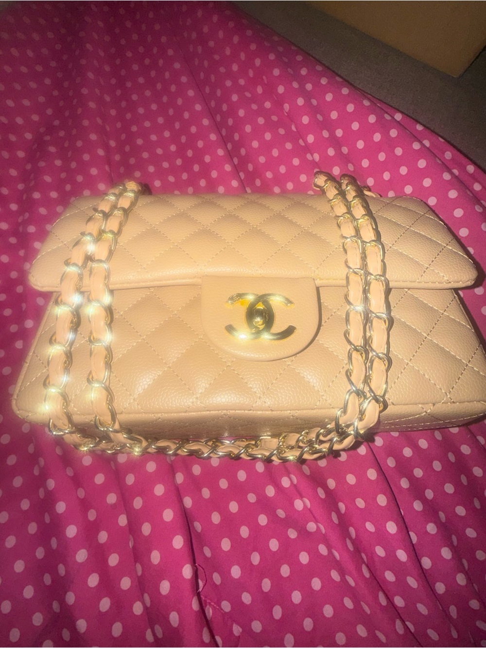 Beige Quilted Leather Shoulder Bag with Chain Strap